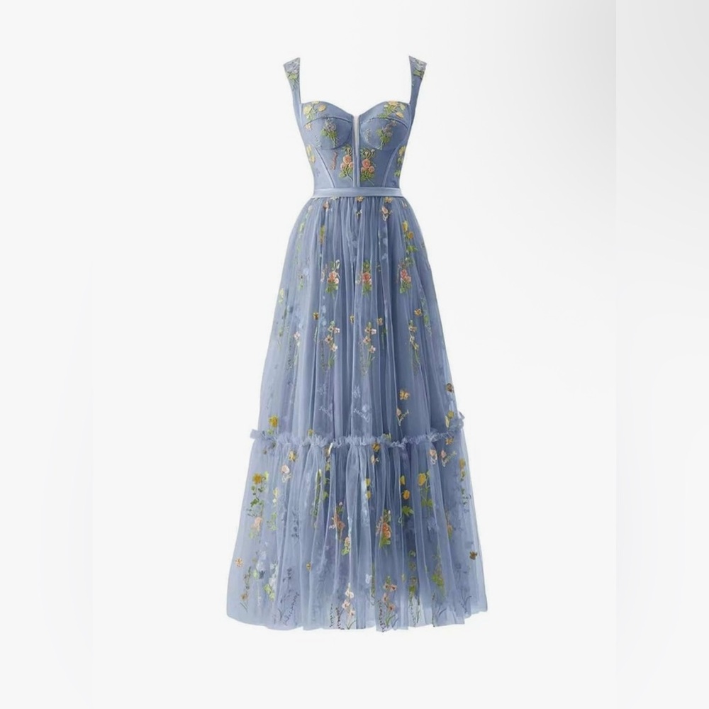 Elegant Blue Floral Embroidered Dress size medium